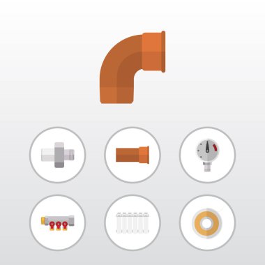 Düz simgesi sıhhi tesisat demir, boru, radyatör ve diğer vektör nesneleri ayarlayın. Ayrıca Manometre, ölçek, Teflon öğeleri içerir.