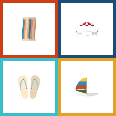 Simge sezon kümesini silen, sörf düz, sandalet vektör nesnelerini plaj. Ayrıca deniz, silecek, bez öğeleri içerir.
