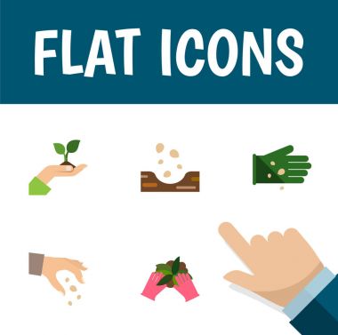 Düz simgesi tohum eldiven, bitki, tohum ve diğer vektör nesneleri ayarlayın. Ayrıca el, bitki, Sow unsurları içerir.