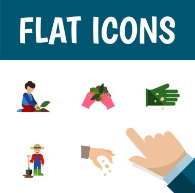 Düz simgesi tohum adam, eldiven, çiçekçi ve diğer vektör nesneleri kümesi. Ayrıca eldiven, adam, tohum öğeleri içerir.