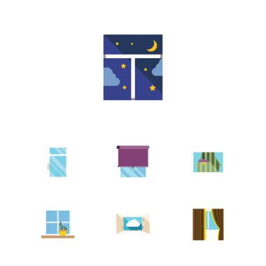 Düz simgesi çerçeve kümesi temiz, saksı, perde ve diğer vektör nesneleri. Ayrıca gece, içerir açın, perde öğeleri.