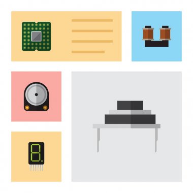 Düz simge teknoloji hesapla, birim, Hdd ve diğer vektör nesneleri kümesi. Aynı zamanda direnç, işlemci, bobin unsurları içerir.