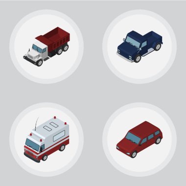 İzometrik arabası seti Araba, ilk yardım, yük ve diğer vektör nesneleri. Ayrıca Sedan, kamyon, araba öğeleri içerir.