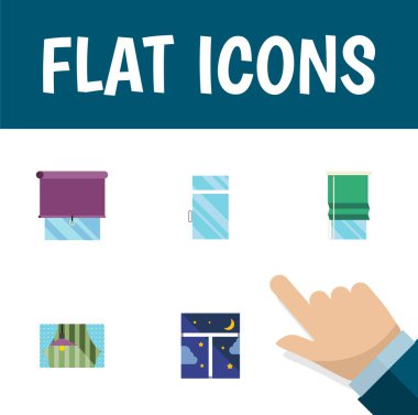 Düz simgesi cam çerçeve, perde, balkon ve diğer vektör nesneleri ayarlayın. Ayrıca gece, balkon, pencere öğelerini içerir.