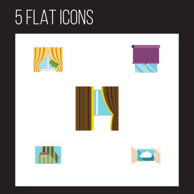 Düz simgesi pencere kümesi perde, cam çerçeve, bulut ve diğer vektör nesneleri. Ayrıca perde, bulut, açık öğeleri içerir.