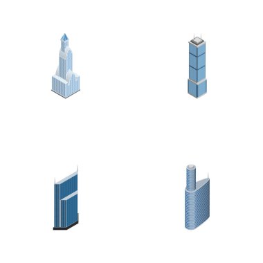 İzometrik gökdelen bina, konut, daire ve diğer vektör nesneleri kümesi. Ayrıca kentsel, içerir daire, dış cephe elemanları.
