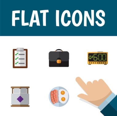 Düz simgesi hayat soru formu, sahanda yumurta, elektrikli Alarm ve diğer vektör nesnelerini ayarlayın. Evrak çantası, yatak, Form öğeleri de içerir.