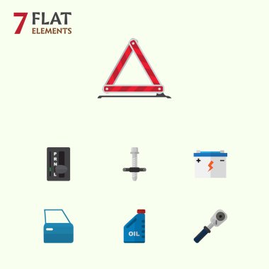 Düz simgesi hizmet benzin, susturucu, otomatik şanzıman ve diğer vektör nesneleri kümesi. Ayrıca bidon, uyarı, çektirme öğeleri içerir.