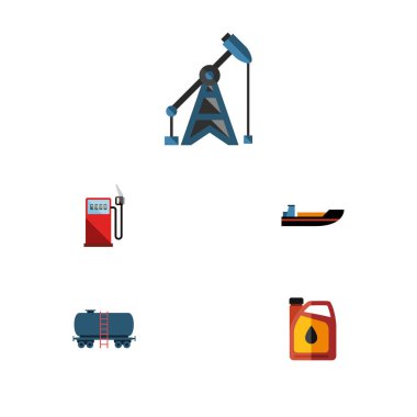 Düz simgesi petrol sondaj platformu, konteyner, tekne ve diğer vektör nesnelerini ayarlayın. Pompa, gemi, benzin öğeleri de içerir.