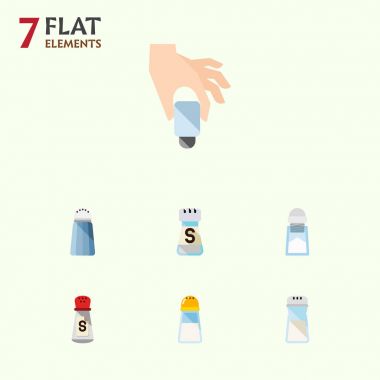 Düz simgesi lezzet kümesi tuz, sodyum, tuzluk ve diğer vektör nesneleri. Ayrıca el, Tuzluk, şişe unsurları içerir.