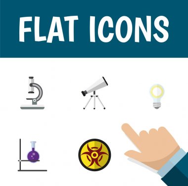 Düz simgesi bilim Flask, ampul, kapsamı ve diğer vektör nesnelerini ayarlayın. Ayrıca Risk, optik, ampul öğeleri içerir.