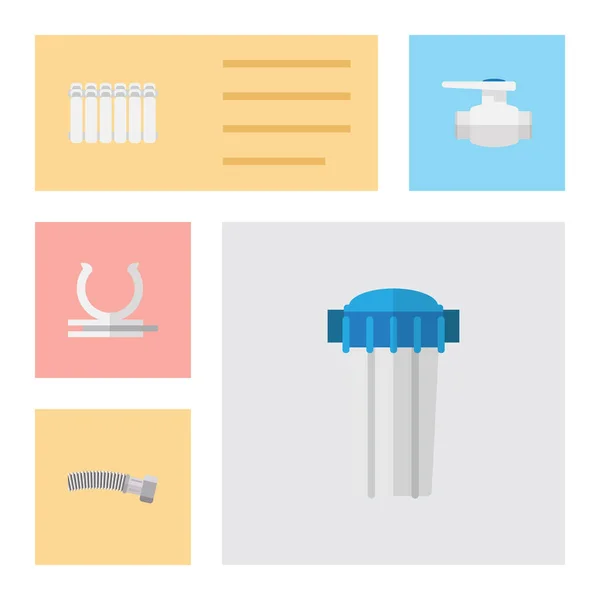 Düz simgesi sıhhi tesisat kümesi flanş, oluklu boru, su filtresi ve diğer vektör nesneleri. Ayrıca içerir oluklu, su, Filtre elemanlari.