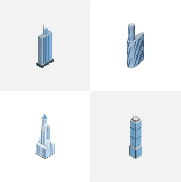 Isometrische Konstruktion von Stadtbild, Gebäude, Wohnung und anderen Vektorobjekten. umfasst auch Business, Center, Außenelemente. — Stockvektor