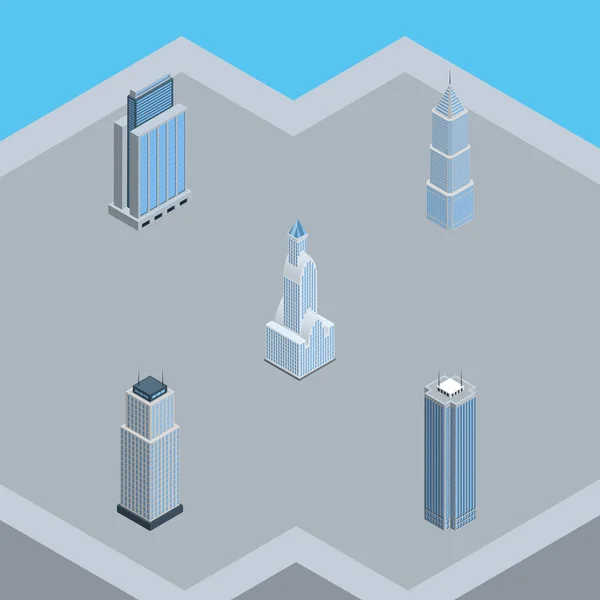 Isometrische Baugruppe aus Stadtbild, Stadtbild, Wolkenkratzer und anderen Vektorobjekten. umfasst auch Wolkenkratzer, Wohnung, Wohnelemente. — Stockvektor