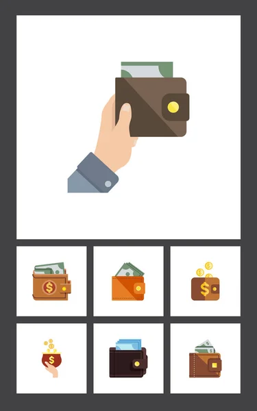 Flache Icon Wallet Set aus Geldbörse, Geldbörse, Geld und anderen Vektor-Objekten. umfasst auch Finanz-, Spar- und Währungselemente. — Stockvektor