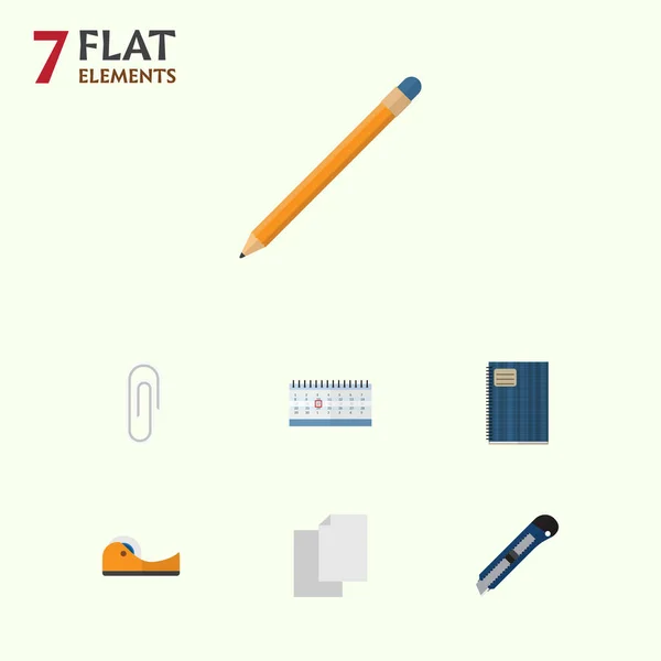 Platte pictogram uitrusting Set bevestiger pagina, gereedschap tekening, datum blok en andere vectorobjecten. Ook bevat blad, Tape, kalender elementen. — Stockvector