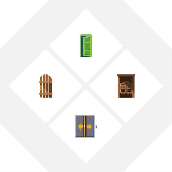 Aanpak van de vlakke pictogram Set houten hek, Saloon, Frame en andere vectorobjecten. Omvat ook poort, deur, houten onderdelen. — Stockvector
