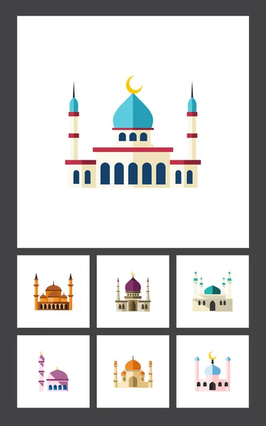 Мечеть плоской иконы набор религиозных, исламских, мусульманских и других векторных объектов. Включает также мусульманскую, мечеть, традиционные элементы . — стоковый вектор