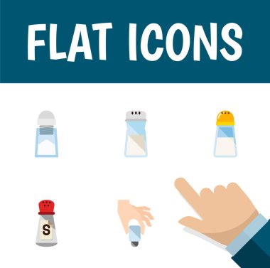 Düz simgesi sodyum Pour, Tuzluk, baharatlı ve diğer vektör nesneleri kümesi. Baharat, baharatlı, çeşni öğeleri de içerir.