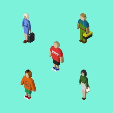 İzometrik insanlar tesisatçı, pedagog, adam ve diğer vektör nesneleri kümesi. Ayrıca öğretmen, Bayan, hippi öğeleri içerir.