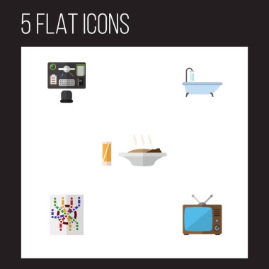 Düz simgesi hayat yönlendirici, televizyon, öğle yemeği ve diğer vektör nesnelerini ayarlayın. Ayrıca Bürosu, yayın, içerir harita öğeleri.