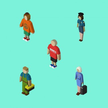 İzometrik kişi kadın polis, Bayan, tesisatçı ve diğer vektör nesneleri kümesi. Hostes, Bayan, adam öğeleri de içerir.