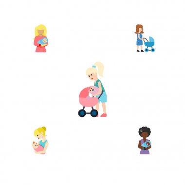 Düz simgesi üst kümesi Perambulator, anne, çocuk ve diğer vektör nesneleri. Ayrıca bebek, kadın, Perambulator öğeler içerir.