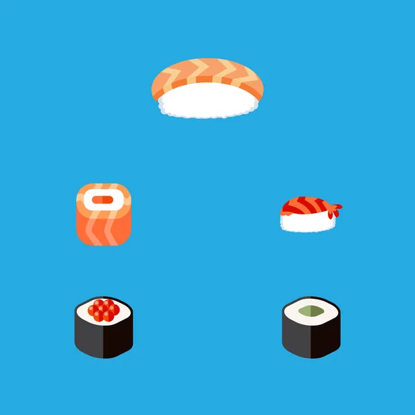 Flat Icon Sushi Set med skaldjur, orientalisk, japansk mat och andra vektorobjekt. Även lax, Japansk, Sushi element. — Stock vektor