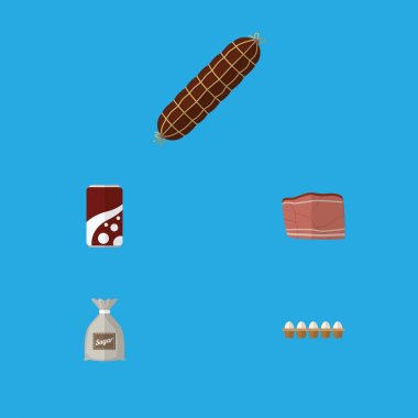 Düz simgesi gıda kümesi yumurta kabuğu kutusu, tütsülenmiş sosis, çuval ve diğer vektör nesneleri. Ayrıca yiyecek, içecek, yumurta kabuğu öğeleri içerir.