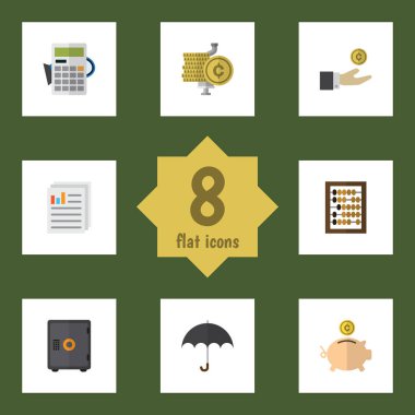 Şemsiye, kasa, düz simgesi kazanç Set hesaplamak ve diğer vektör nesnelerine. Ayrıca hesap makinesi, para, kağıt unsurları içerir.