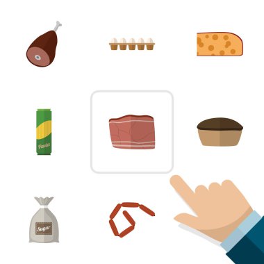 Düz simgesi Tart, çuval, yumurta kabuğu kutusu ve diğer vektör nesneleri kümesi yeme. Ayrıca spagetti, Hotdog, et öğeleri içerir.