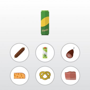Düz simgesi gıda kümesi paket içecek, kaşar dilimi, et ve diğer vektör nesneleri. Ayrıca makarna, paket, peynir unsurları içerir.