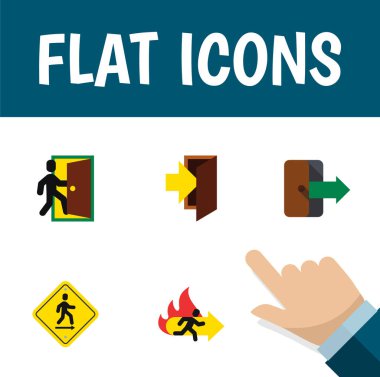 Düz simgesi kapı kümesi yön işaretçi, yön, yangın çıkışı ve diğer vektör nesneleri. Ayrıca yönetim kurulu, acil durum, ok öğeleri içerir.