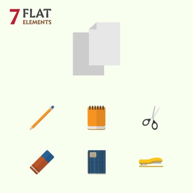 Düz simgesi ekipman Notepaper, Clippers, defterini ve diğer vektör nesneleri kümesi. Ayrıca Clippers, defterini, lastik öğeleri içerir.