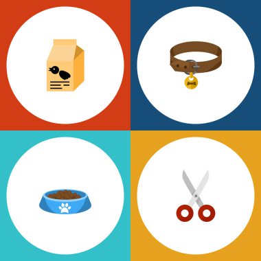 Düz simgesi evcil hayvan beslenme kutusu, makası, tazı kolye ve diğer vektör nesnelerini ayarlayın. Ayrıca gıda, kuş, makası içerir öğeleri.