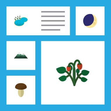 Düz simgesi doğa gölet, yarım ay, Berry ve diğer vektör nesneleri kümesi. Ayrıca meyve, lagün, dağ öğeleri içerir.