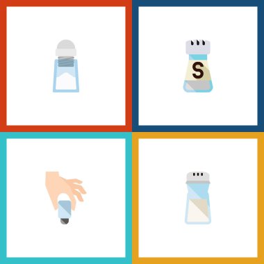 Düz simge sodyum seti Pour, sodyum, Shaker ve diğer vektör nesneleri. Ayrıca baharatlı, içerir Tuzluk, lezzet öğeleri.