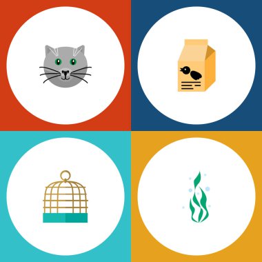 Düz simgesi evcil hayvan Kitty, kuş hapishane, beslenme kutusu ve diğer vektör nesneleri kümesi. Ayrıca bitki, kedi, kuş öğeleri içerir.