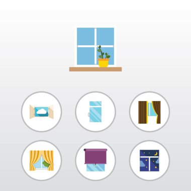 Düz simgesi çerçeve kümesi saksı, cam, temiz ve diğer vektör nesneleri. Ayrıca perde, çiçek, pencere öğelerini içerir.