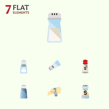 Shaker, lezzet, sodyum ve diğer vektör nesnelerini düz simgesi tuz kümesi. Ayrıca içerir baharatlı, tuz, baharat öğeleri.