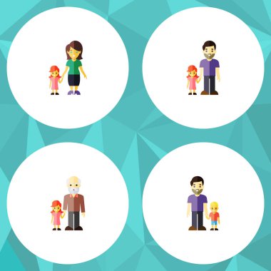 Düz simgesi aile ayarla Dede, baba, oğul vektör nesneleri. Ayrıca oğlu, kızı, torun öğeleri içerir.