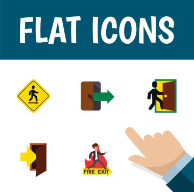 Düz simgesi kapı kümesi acil, giriş, yön ve diğer vektör nesneleri. Ayrıca giriş, tahliye, kapı elemanları içerir.