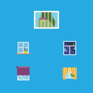 Düz simgesi cam kümesi perde, cam çerçeve, saksı ve diğer vektör nesneleri. Ayrıca çiçek, balkon, perde unsurları içerir.