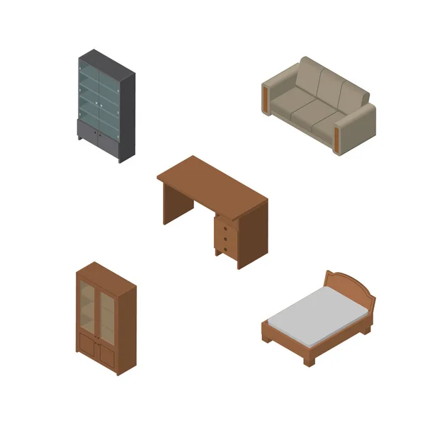 Isometrisch inrichting Set dressoir, kast, tafel en andere vectorobjecten. Ook omvat lade, tafel, kast-elementen. — Stockvector