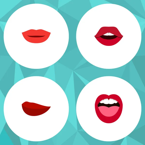 Επίπεδη εικονίδιο χείλη σετ κραγιόν, γλώσσα, φιλί και άλλα διανυσματικά αντικειμένα. Περιλαμβάνει επίσης στοιχεία γλώσσας, μακιγιάζ, φιλί. — Διανυσματικό Αρχείο