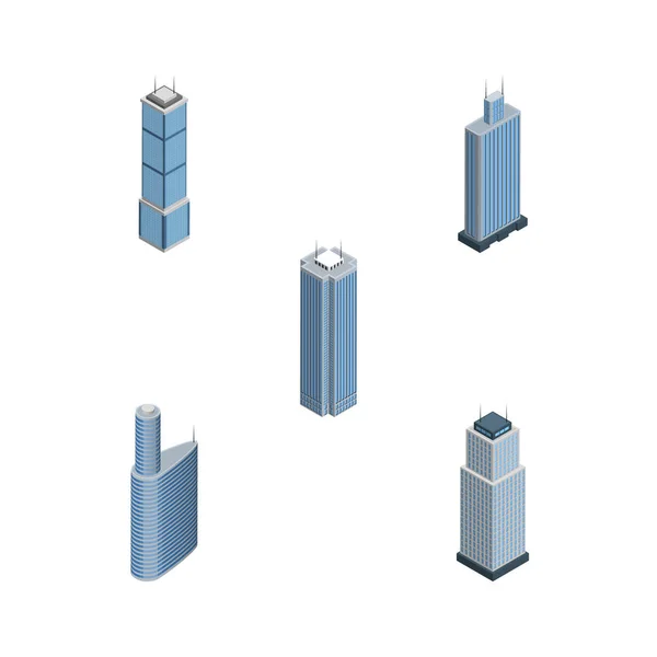 Ensemble de gratte-ciel isométrique d'appartements, gratte-ciel, bâtiments et autres objets vectoriels. Comprend également l'extérieur, appartement, éléments de l'immeuble . — Image vectorielle