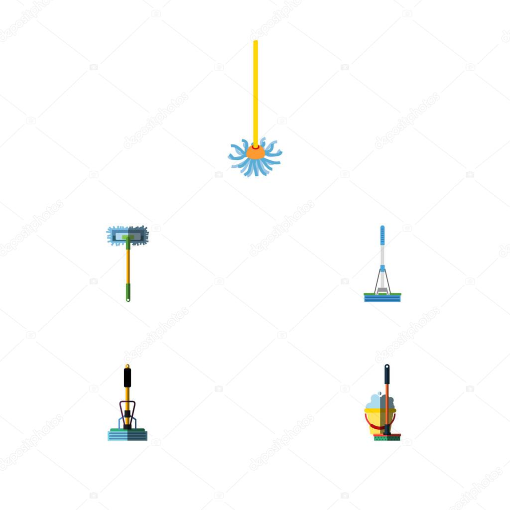 Flat Icon Broomstick Set Of Broomstick, Mop, Besom And Other Vector Objects. Also Includes Broomstick, Sweeper, Mop Elements.