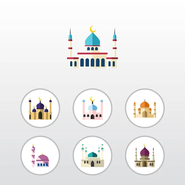 Conjunto de Mesquita de Ícone Plano Tradicional, Construção, Religião e Outros Objetos Vetores. Também inclui Mohammedanismo, Tradicional, Elementos Minaret . — Vetor de Stock