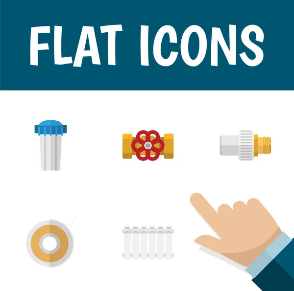 Platte Icon Loodgieters Set van pomp klep, Radiator, waterfilter en andere vectorobjecten. Ook bevat, Teflon, pomp filterelementen. — Stockvector