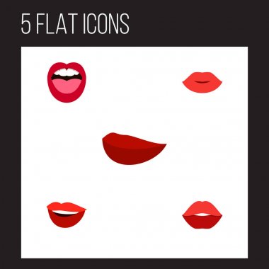 Düz simgesi dudaklar kümesi öpücük, dudaklar, dil ve diğer vektör nesneleri. Dişler, dil, ağız öğeleri de içerir.